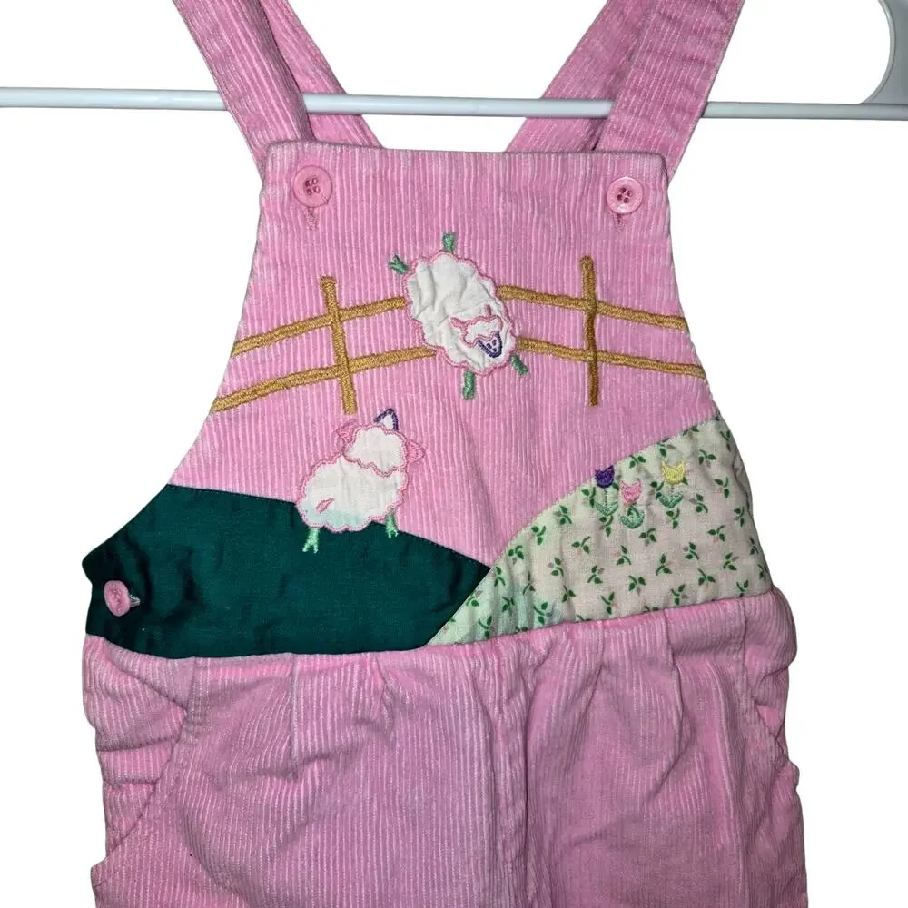 Vintage Joueux Gamins Happy Kids Girls Corduroy Embroidery Patchwork Overalls 3T